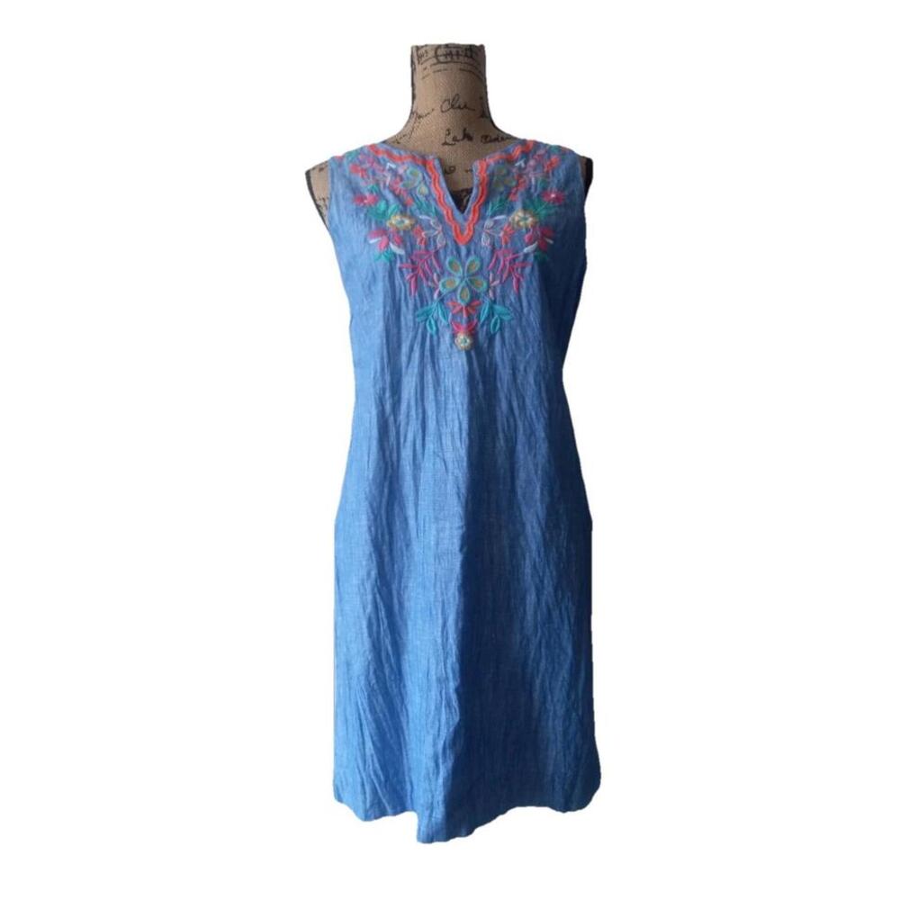 TALBOTS Linen cotton Blend Embroidered Shift Women’s Sleeveless Chambray Dress 6